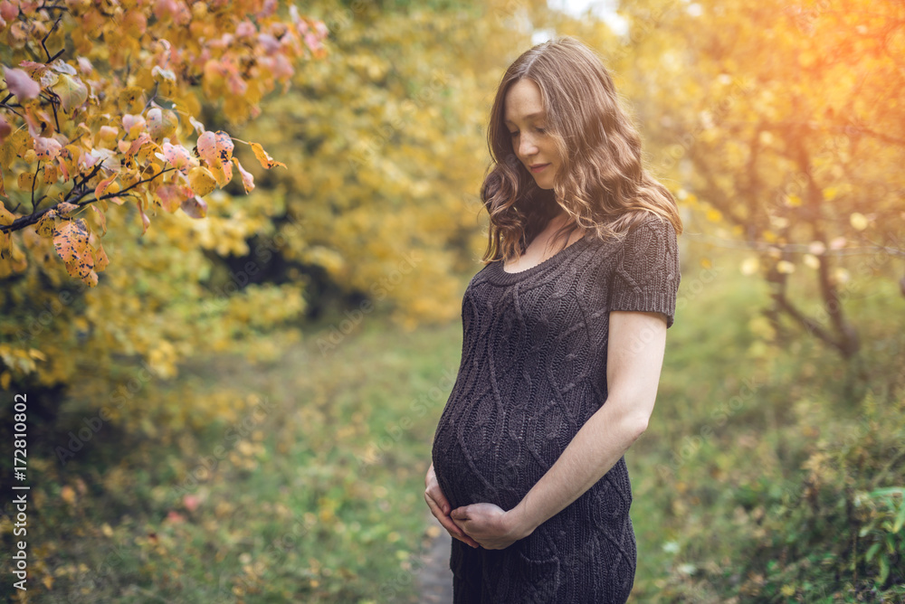 Obraz premium Portrait of pregnant woman belly in colorful autumn forest in September. Concept of pregnancy and the seasons