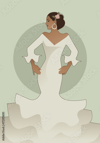 Typical Spanish woman wearing flamenco dress. Vector Illustration