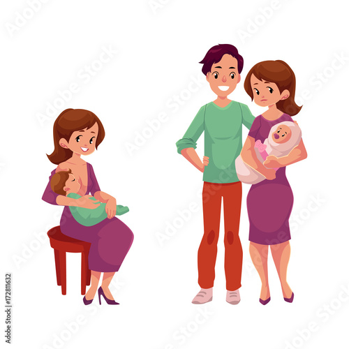 vector flat cartoon adult couple with infant baby, girl sitting at chair with suckling set. Isolated illustration on a white background. Flat family characters.