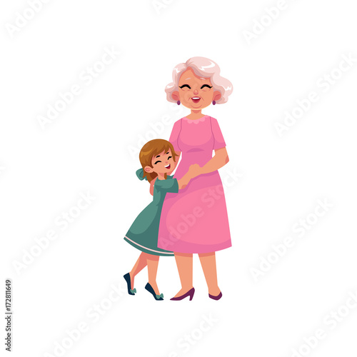 vector flat cartoon small girl kid, grandmother in pink dress hugging smiling. Isolated illustration on a white background. Grandparents and children relationship concept