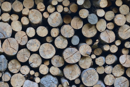 Background of dry chopped firewood logs stacked up on top of each other in a pile