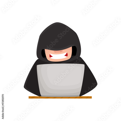 Hacker hiding his face under black hood, using laptop for computer attack, cartoon vector illustration isolated on white background. Computer hacker in disguise working on laptop, laughing