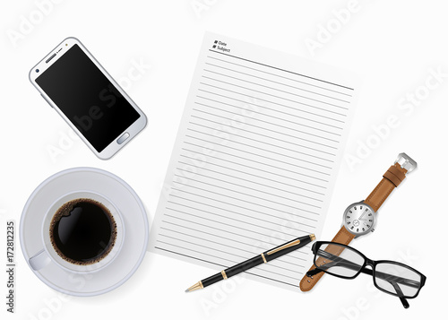 Working desk table with notebook, pen, smart phone, watch, glasses and cup of coffee. Top view with copy space. vector illustration.