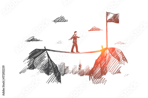 Business concept. Hand drawn businessman coming to his goal. man moves towards the goal isolated vector illustration.