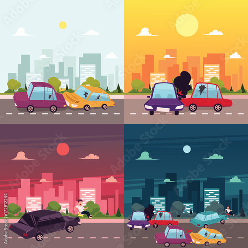 vector flat cartoon car crash, accident scenes. Vehicles front, side , tree collisions. Illustration on the background of big city with buildings at different day time.