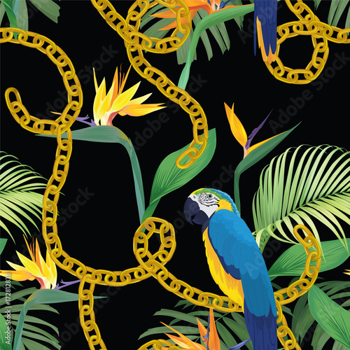 Tropical seamless pattern of macaw bird with bird of paradise flowers and chain on black background. Vector set of exotic tropical garden for wedding invitations, greeting card and fashion design. 