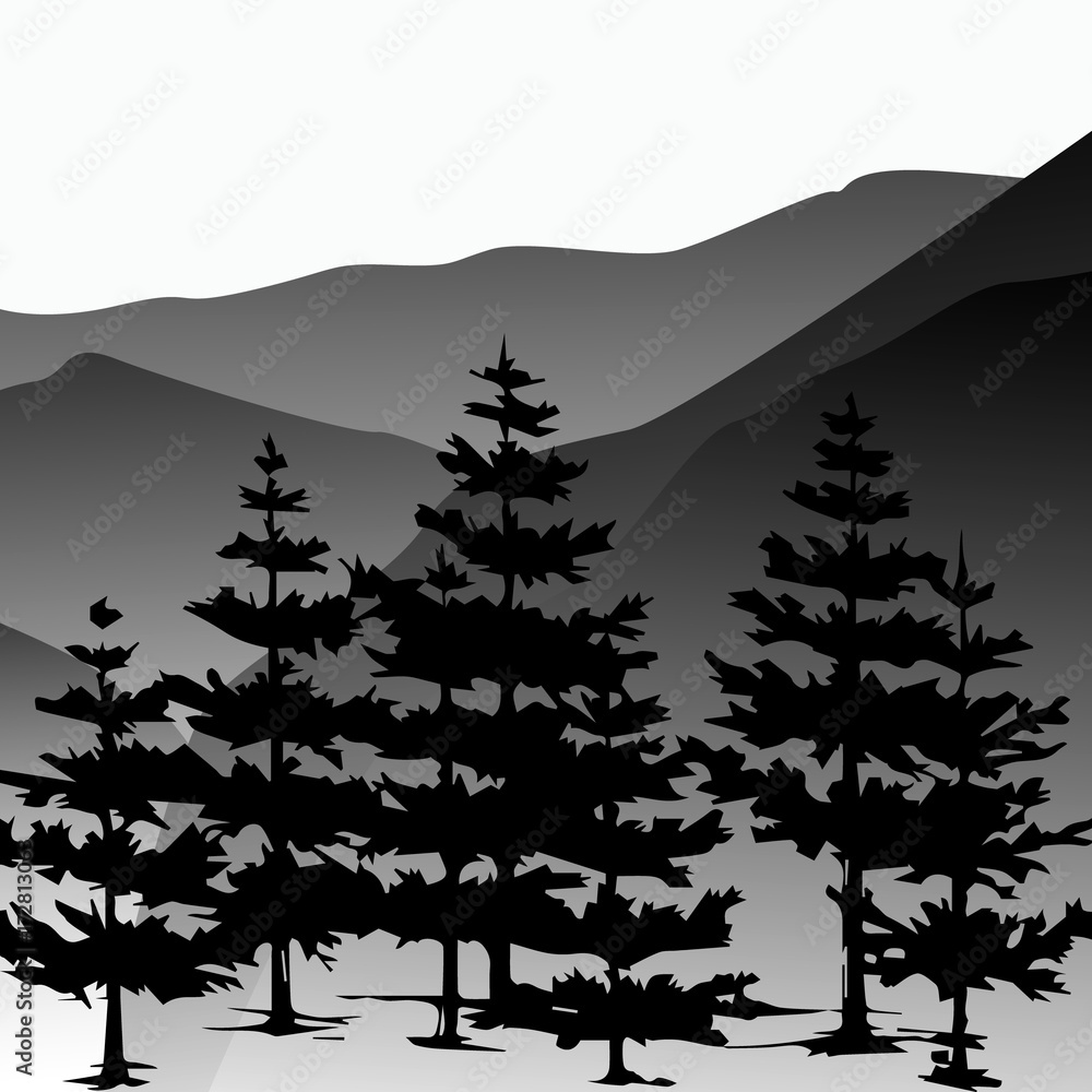 Pine forest and mountains vector backgrounds.