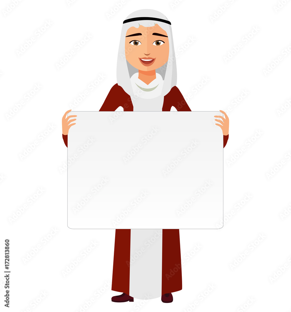 Arab business man holding white blank poster flat vector illustration. Arab business man holding white blank poster flat vector illustration.