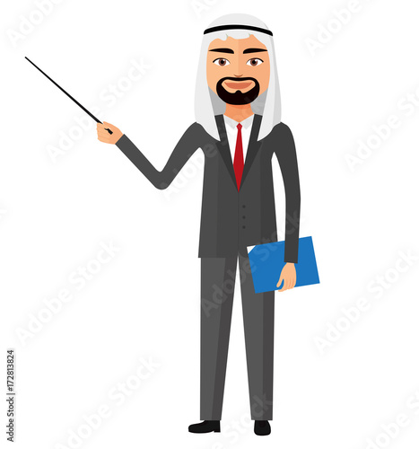 Saudi iran arab business man with a pointer flat cartoon vector illustration.