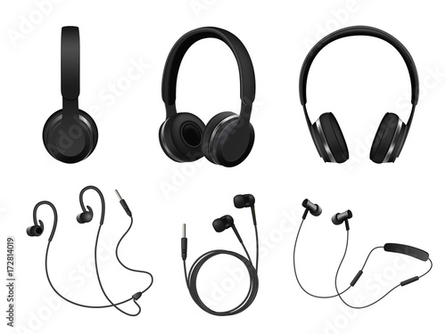 Vector realistic black headphone icon set