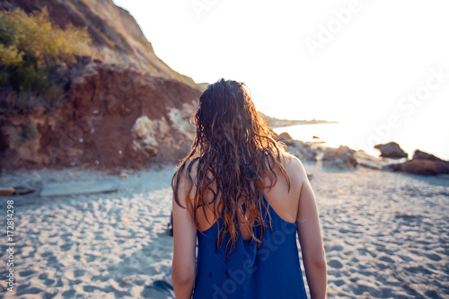 Beautiful brunette girl in dress posing at the sea, woman relaxing, girl wearing blue dress, fashion look, sexy girl looking, pretty face, close up portrait of young woman, outdoor portrait