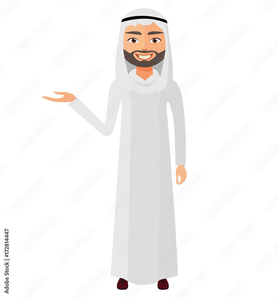 Arab oman business man presents something vector flat cartoon illustration. Arab oman business man presents something vector flat cartoon illustration.