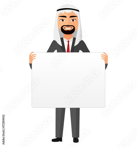 Saudi arab businessman holding white blank poster cartoon vector illustration.