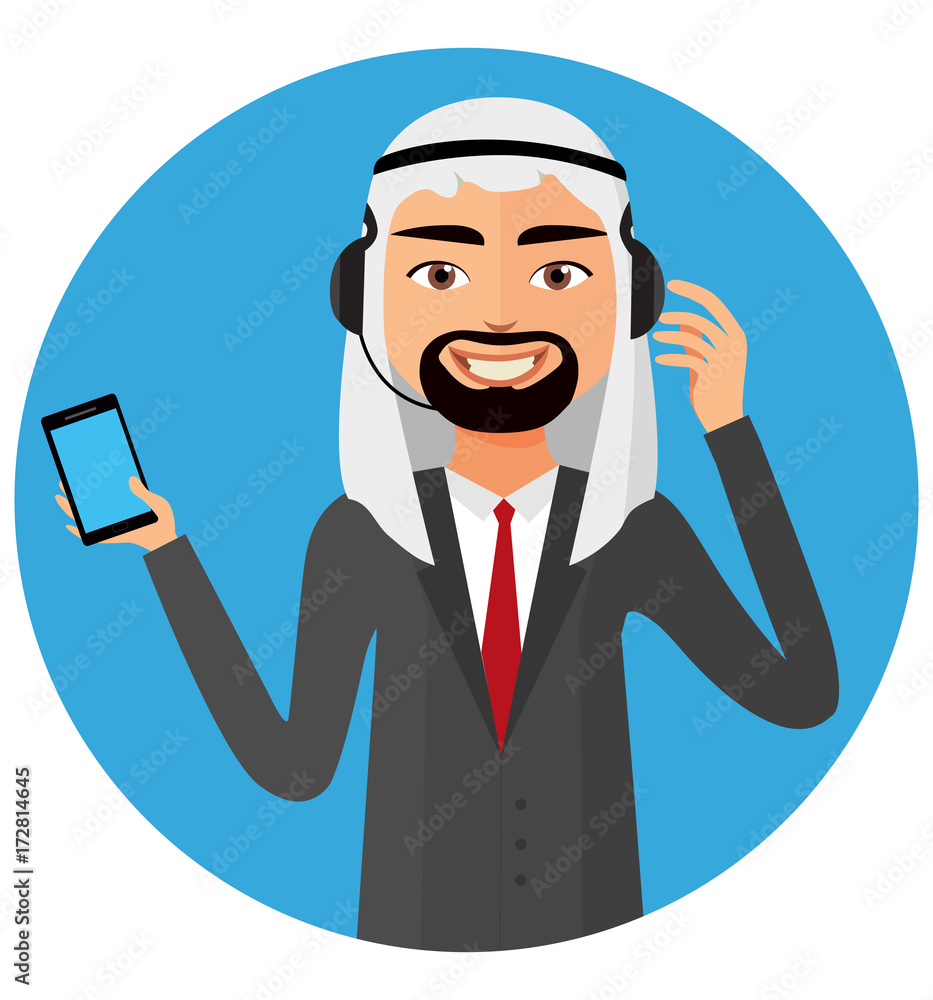 Arab operator saudi man with headset customer service helpdesk service call center concept flat cartoon vector illustration Arab operator saudi man with headset customer service helpdesk service call center concept flat cartoon vector illustration