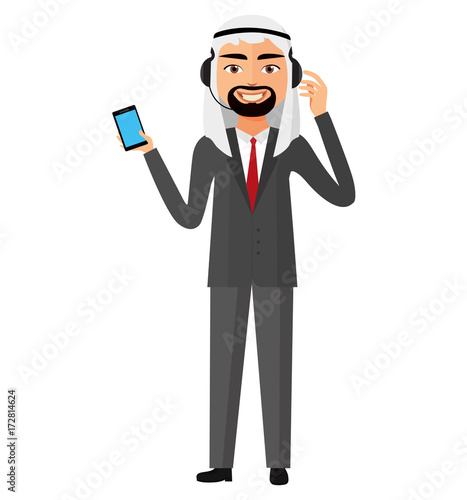 Arab operator man with headset customer service helpdesk service flat cartoon vector illustration