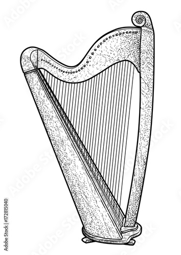 Harp illustration, drawing, engraving, ink, line art, vector