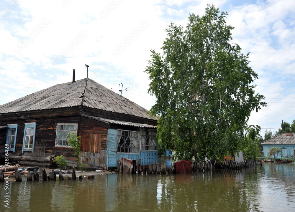 Obraz premium Flood. The river Ob, which emerged from the shores, flooded the outskirts of the city.