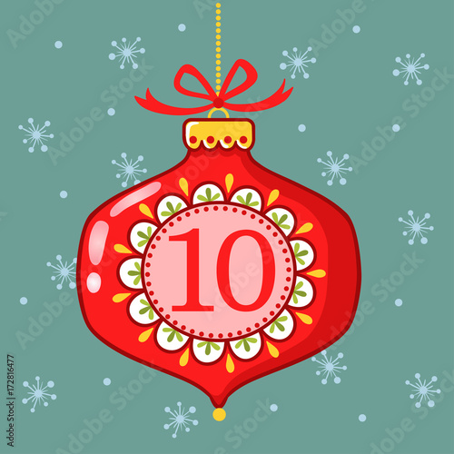 Vector Christmas advent calendar in childrens style. Beautiful Christmas tree toy. Illustration with christmas ball.