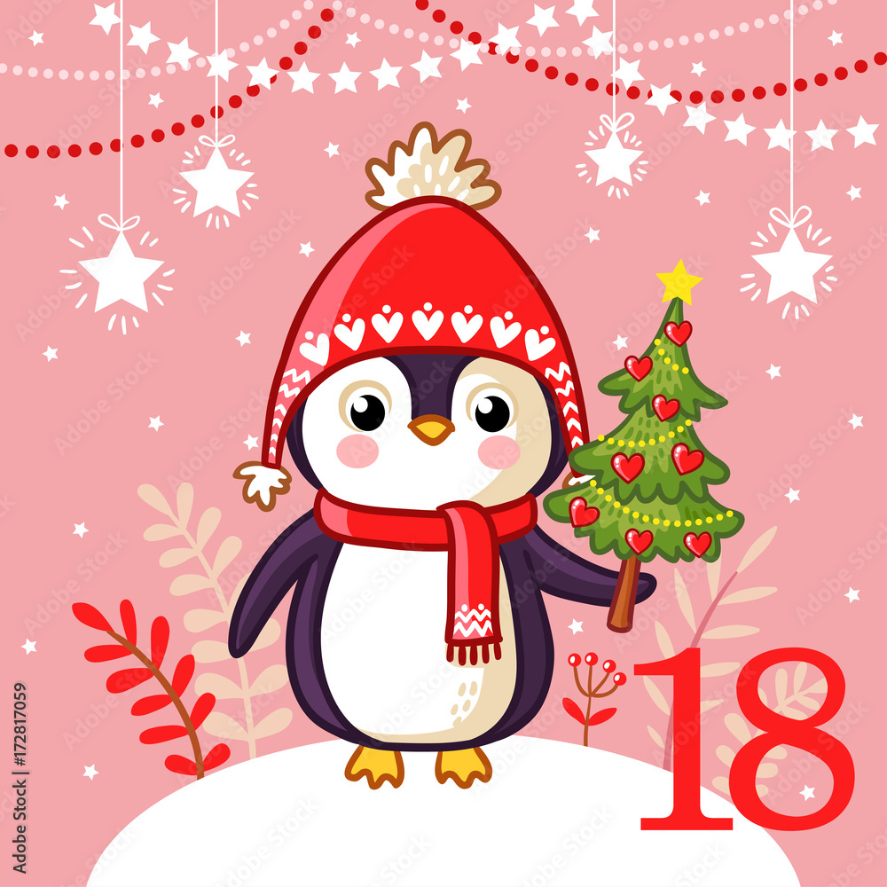 Vector christmas advent calendar in childrens style. Cute penguin lies Christmas tree in her hand. Illustration with animal that is standing in the snow.