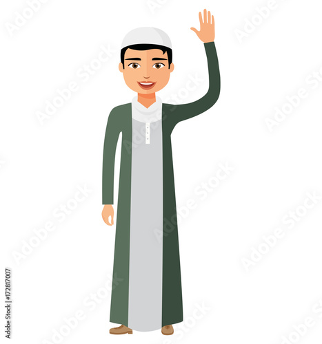 Cheerful young arab kuweit business man waving her hand vector flat cartoon illustration.