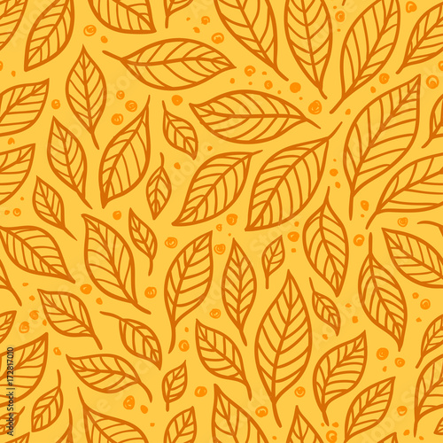 Vector seamless illustration with leaves on a yellow background.