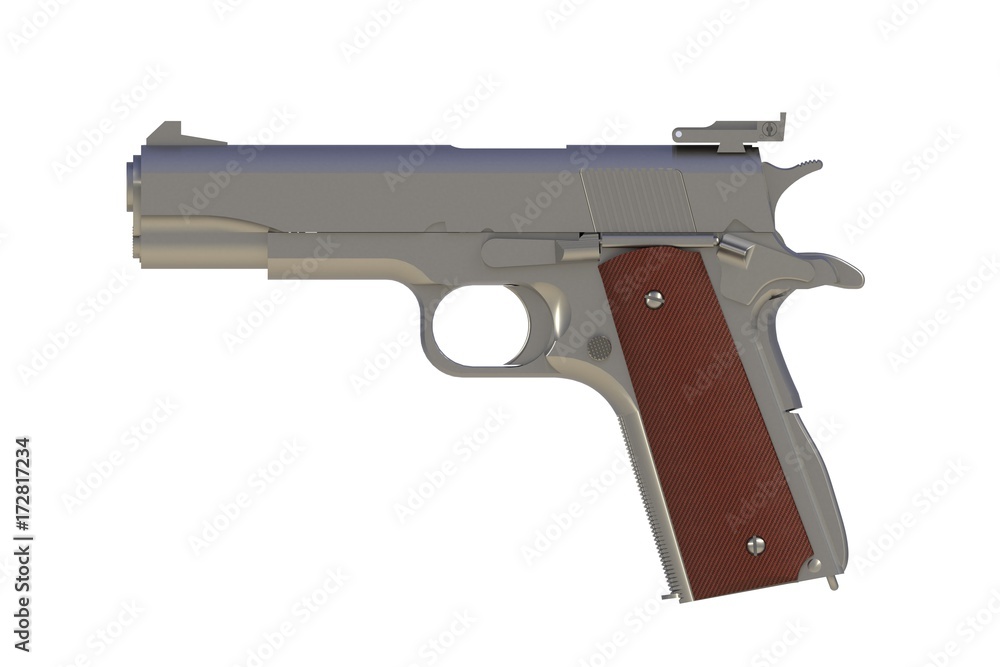 Beside view of chromium M1911 semi-automatic .45 caliber pistol isolated on white background, 3D rendering