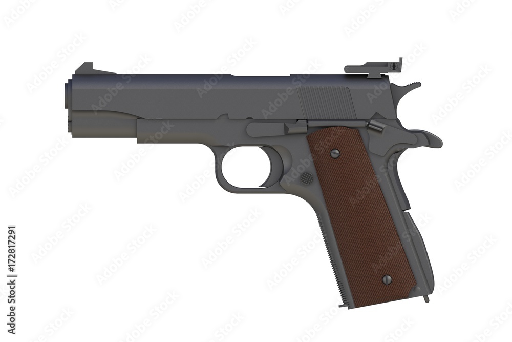 Beside view of matte iron M1911 semi-automatic .45 caliber pistol isolated on white background, 3D rendering Beside view of matte iron M1911 semi-automatic .45 caliber pistol isolated on white background, 3D rendering