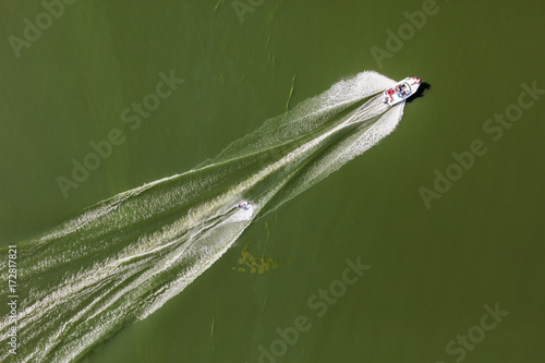 aerial view of the boat  water skiing photo