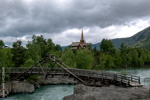 Norwegian old wooden traditional stave church in Lom, Norway