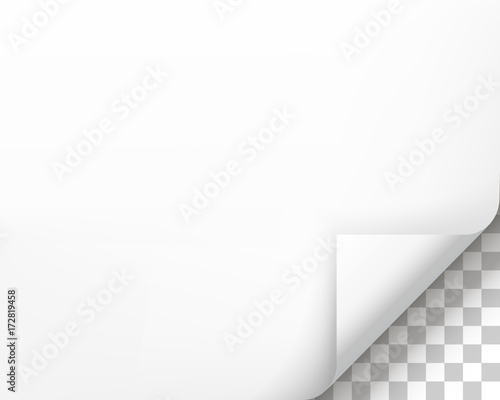 Page curl with shadow on blank sheet of paper. White paper sticker. Element for advertising and promotional message isolated on transparent background. template design element, Vector illustration
