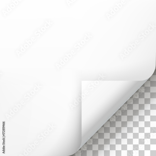 Page curl with shadow on blank sheet of paper. White paper sticker. Element for advertising and promotional message isolated on transparent background. template design element, Vector illustration