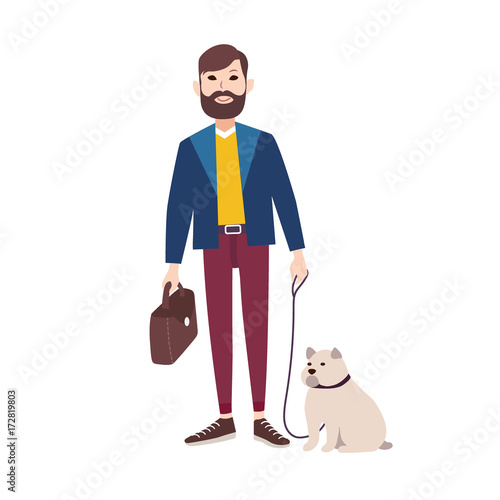 Young smiling man with beard dressed in stylish clothing walking bulldog. Flat cartoon character holding his dog in leash isolated on white background. Pet owner. Colorful vector illustration.