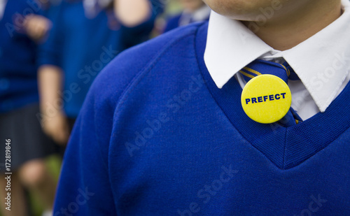 Young person in blue school uniform with a prefect badge photo