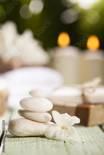 Spa background in range of white and green. Green leaves background.