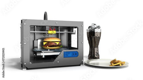 3D printer print burger on a white background 3d rendering on white