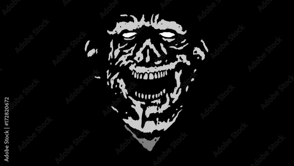 Crazy laughing zombie head with torn face. Scary monster character. Evil demon looped 2D animation. Horror fantasy genre. Spooky animated video clip. Creepy grim reaper smile. Gloomy ghost in haze. Crazy laughing zombie head with torn face. Scary monster character. Evil demon looped 2D animation. Horror fantasy genre. Spooky animated video clip. Creepy grim reaper smile. Gloomy ghost in haze.