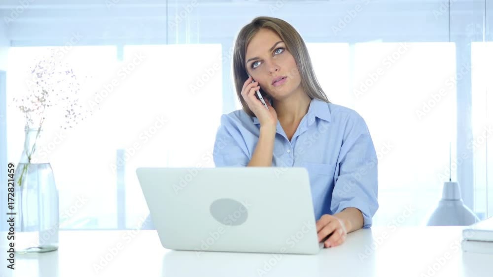 Woman Talking on Phone at Work with Customer, Business Deal Woman Talking on Phone at Work with Customer, Business Deal