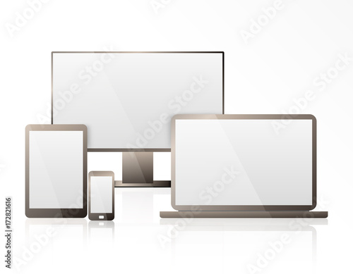 Realistic Computer, Laptop, Tablet and Mobile Phone with Transparent Wallpaper Screen Isolated. Set of Device Mockup Separate Groups and Layers. Easily Editable Vector.