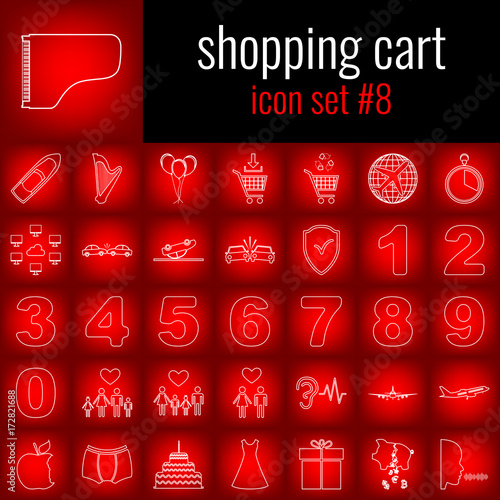 Shopping cart. Icon set 8. White line icon on red gradient backgrpund.