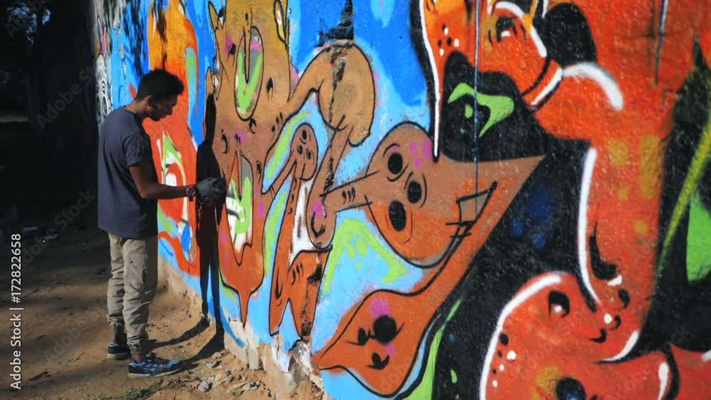 Graffiti Artist Painting On The Street Wall. Handsome Man with aerosol ...