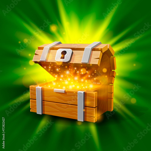 Open chest with gold, the bright background. Vector illustration