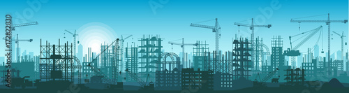 Wide High detailed banner illustration silhouette of buildings under construction in process.