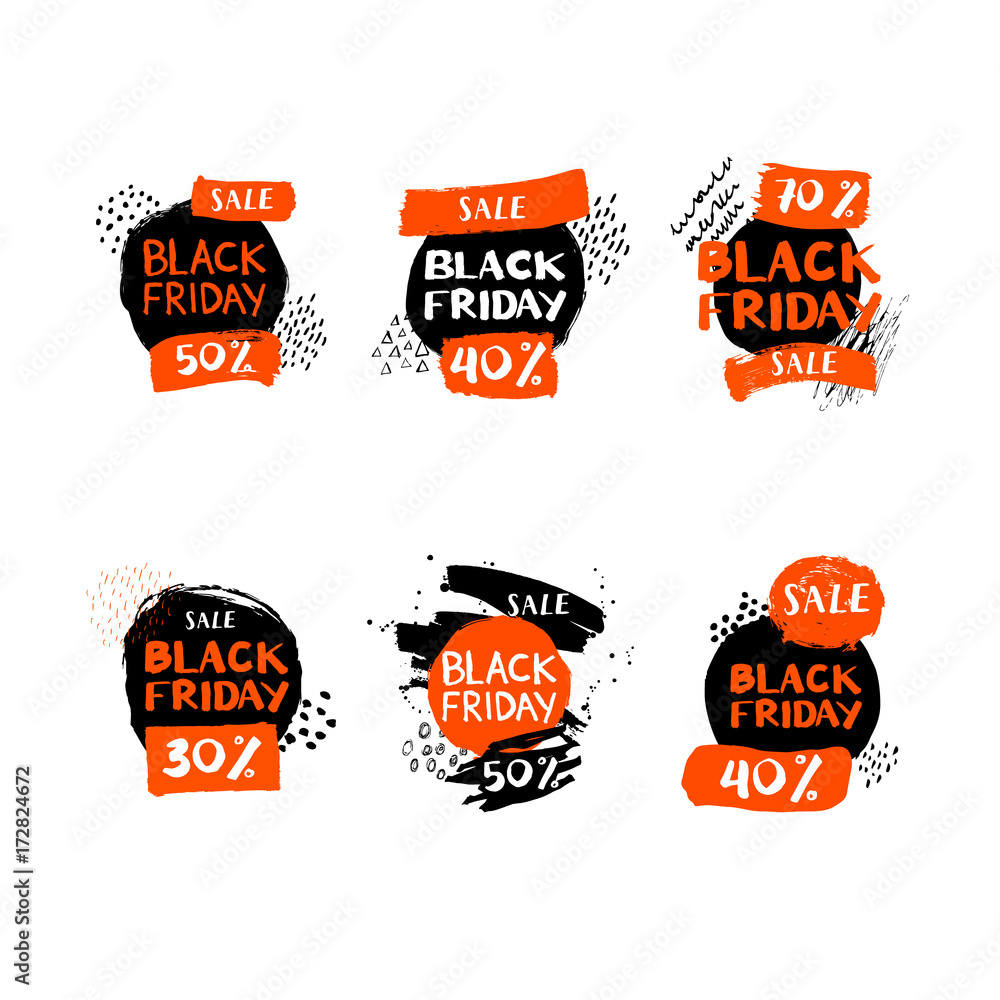 Black Friday Sale, discounts, set. Inscription on abstract ink blots. Brush stroke, ink, texture. Banner or poster. Letting. Vector illustration.