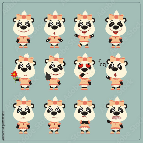 Fototapeta Naklejka Na Ścianę i Meble -  Set of charming little panda bear girl in various poses. Collection emoticons of isolated girls panda bears in cartoon style.