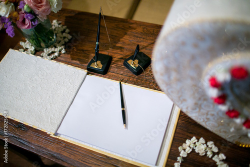 Photos Book of wishes near gift box for wedding reception and expensive box decor arrangements at wedding ceremony