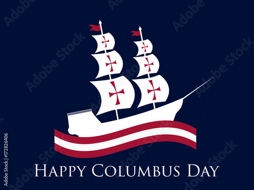 Happy Columbus Day, the discoverer of America, waves and ship, holiday banner. Sailing ship with masts. Vector illustration