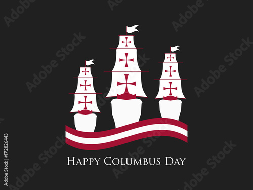 Happy Columbus Day, the discoverer of America, waves and ship, holiday banner. Sailing ship with masts. Vector illustration