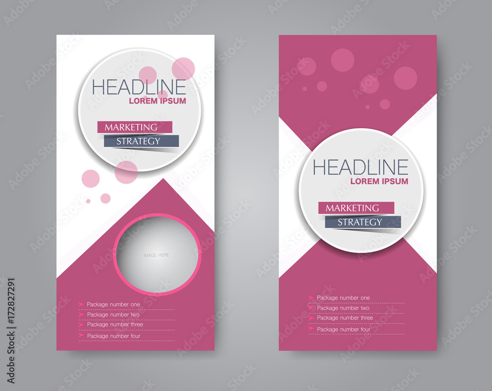 Vector flyer and leaflet design. Set of two side brochure templates. Vertical banners. Pink color. Vector illustration. Vector flyer and leaflet design. Set of two side brochure templates. Vertical banners. Pink color. Vector illustration.