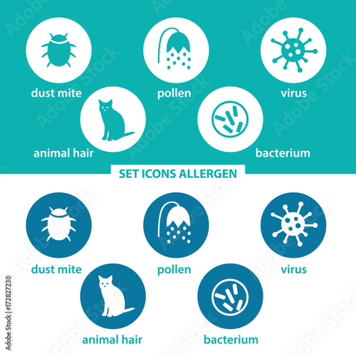 Set icons allergen. Group allergens in colored circles on dark and white background. Allergen - animal, dust mite, pollen, virus, bacterium.