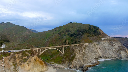 Aerial view of Bixby Bridge - California at sunset photo